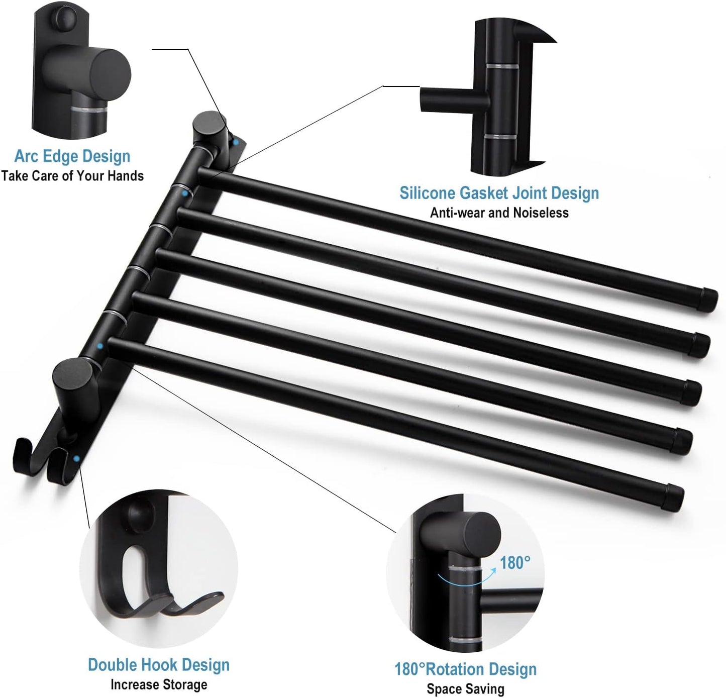 5-Arm Swivel Towel Rack - 180° Rotating Wall Mounted, 304 Stainless Steel Rustproof, Heavy Duty Bathroom Accessories, Space Saving Towel Organizer for Bathroom Kitchen Laundry - Pearl White