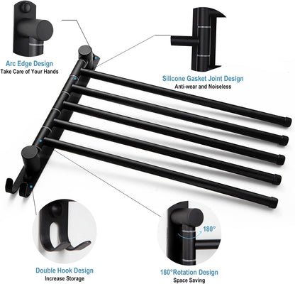 5-Arm Swivel Towel Rack - 180° Rotating Wall Mounted, 304 Stainless Steel Rustproof, Heavy Duty Bathroom Accessories, Space Saving Towel Organizer for Bathroom Kitchen Laundry - Pearl White