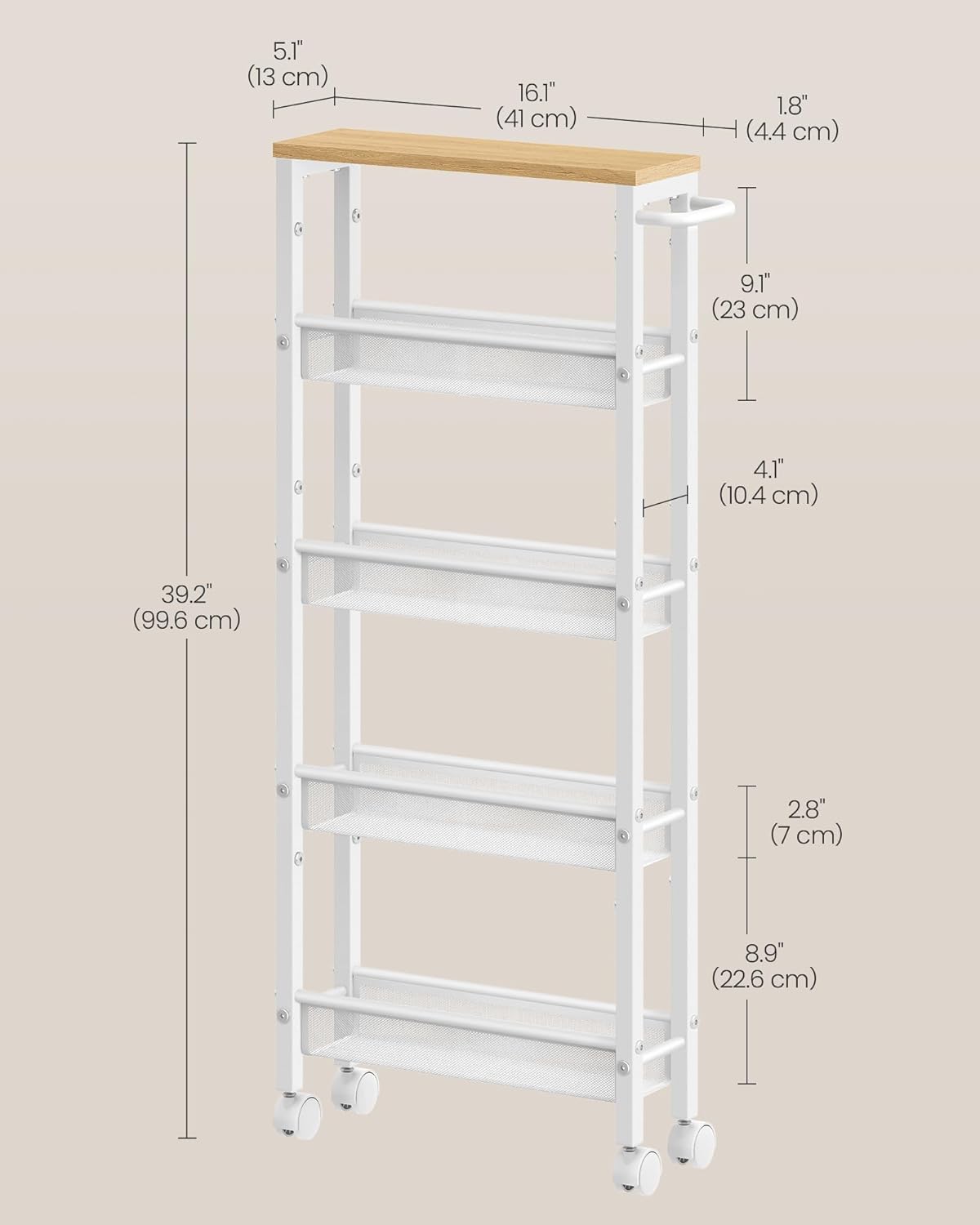 VASAGLE Slim Rolling Cart, 4-Tier Narrow Storage Cart with Handle, 5.1 Inches Deep, Metal Frame, for Kitchen, Dining Room, Living Room, Home Office, Rustic Brown and Classic Black ULRC032B01V1