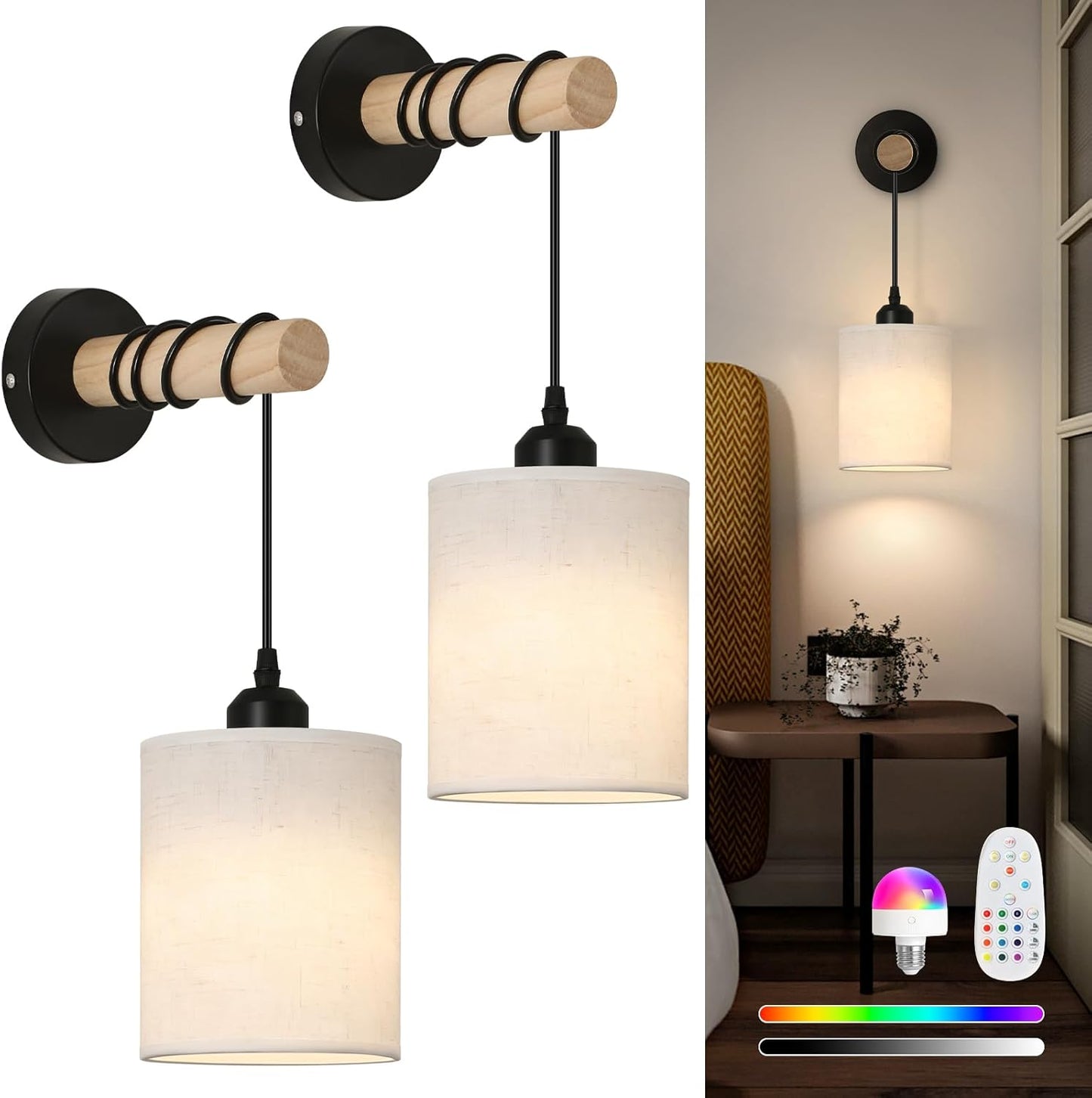 Battery Operated Wall Sconces Set of 2,Wireless Wall Sconce with Remote Control,Rechargeable wall Lights with 15 Color Changing,Dimmable Modern Wall Lamp for Bedroom Living Room Hallway