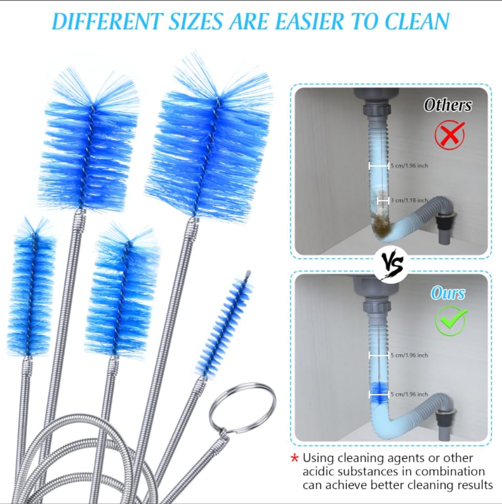 Flexible Long Drain Brush Set, Premium 3 Piece Kit with Double Ended and Stainless Steel Tube Cleaning Brushes for Ultimate Kitchen, Sink, and Pipe Cleaning, Including Powerful Drain Clog Remover