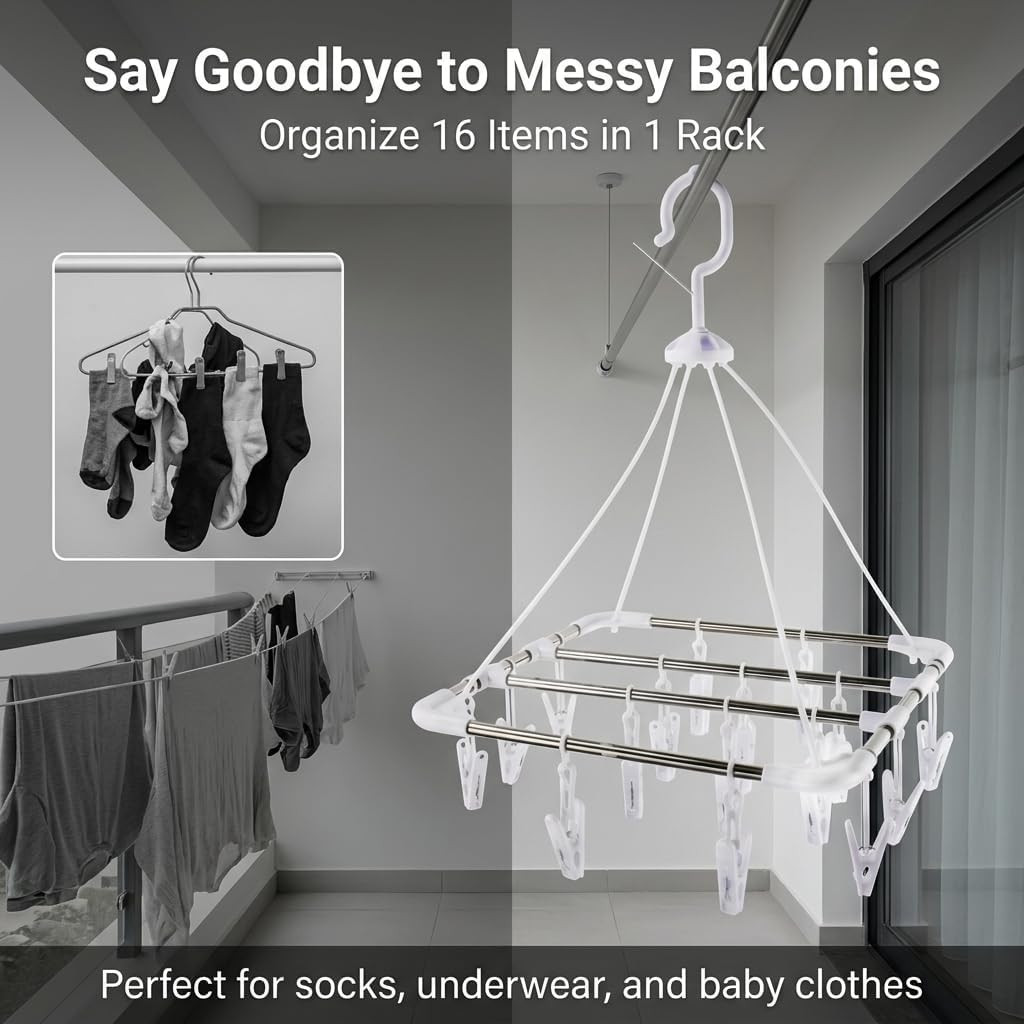 16 Clips Clothes Drying Rack, Stainless Steel Inner Rods Laundry Hanger with Windproof Hook & 360° Rotation, Space Saving Sock Dryer for Underwear, Baby Clothes, Towels, Small Laundry