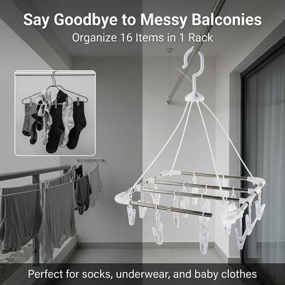 16 Clips Clothes Drying Rack, Stainless Steel Inner Rods Laundry Hanger with Windproof Hook & 360° Rotation, Space Saving Sock Dryer for Underwear, Baby Clothes, Towels, Small Laundry