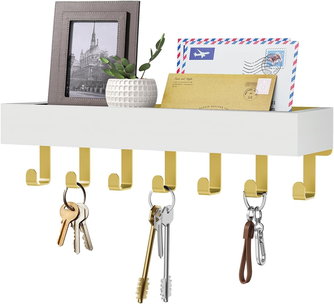 Key Holder Wall Mount Adhesive Magnetic - Hanging Key Hooks with Mail Organizer for Wallet House Accessories - Keys Hanger Rack with Shelf for RV Camper Entryway Door Home Living Room Decor Black