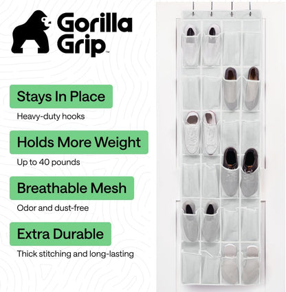 GORILLA GRIP Over the Door Shoe Organizer, 24 Large Breathable Mesh Pockets, Space Saving Hanging Storage Holder, Closet Rack Hanger Holds Up to 40 lbs, Hangs on Closets for Shoes, Accessories, Grey