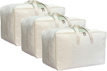 DoYiKe Soft Large Canvas Storage Bags with Zipper and Clear Window, Cotton Linen Storage Organizer for Pillows, Quilt, Blankets and Comforter, 80L, 4 Pack, Beige