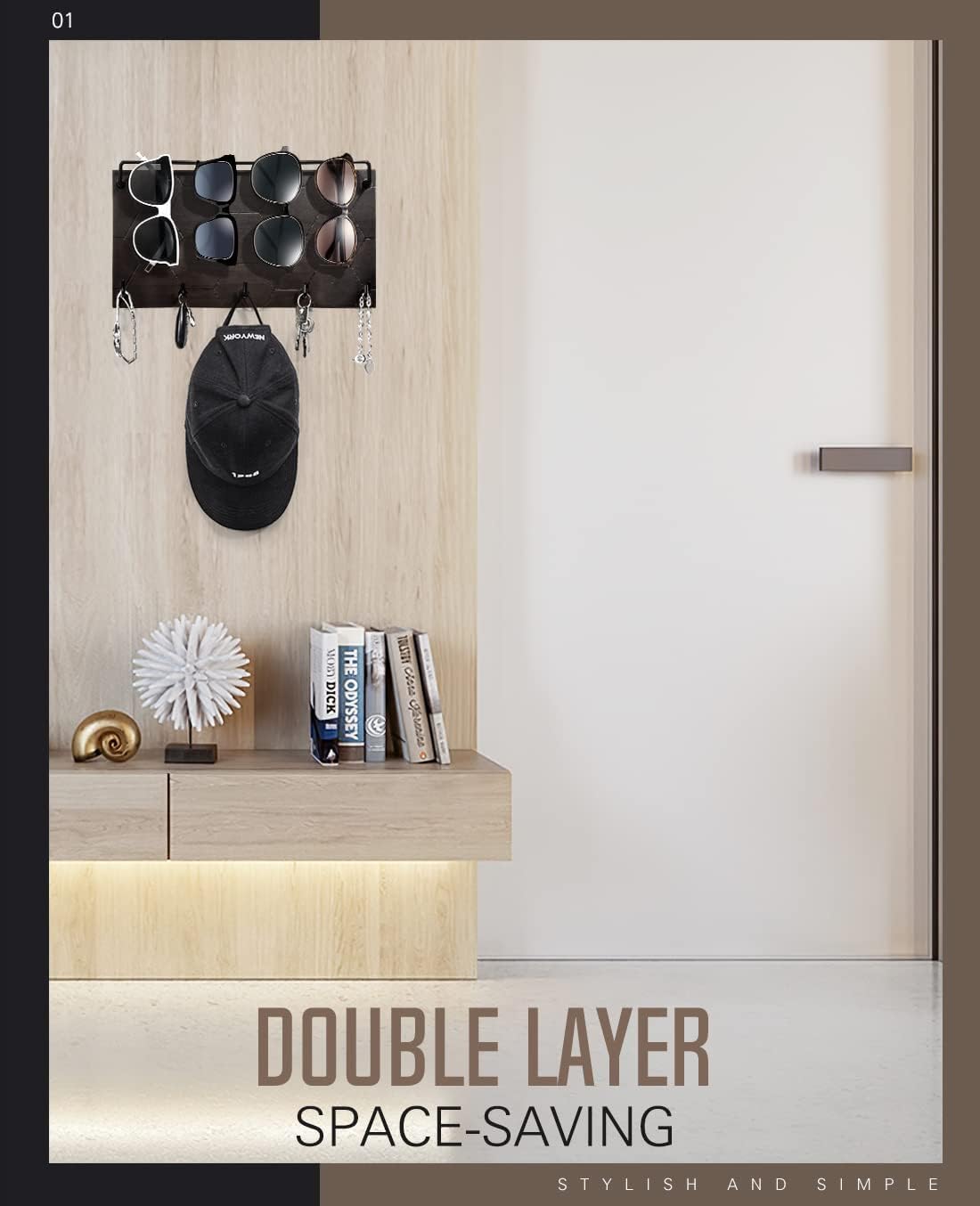 Emibele Sunglass Organizer Wall Key Holder,Decorative Wood Wall Organizer | Glasses & Sunglass Holder Display with 5 Hooks Key Rack Hanging Eyeglass Storage for Entryway Living Room