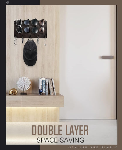 Emibele Sunglass Organizer Wall Key Holder,Decorative Wood Wall Organizer | Glasses & Sunglass Holder Display with 5 Hooks Key Rack Hanging Eyeglass Storage for Entryway Living Room