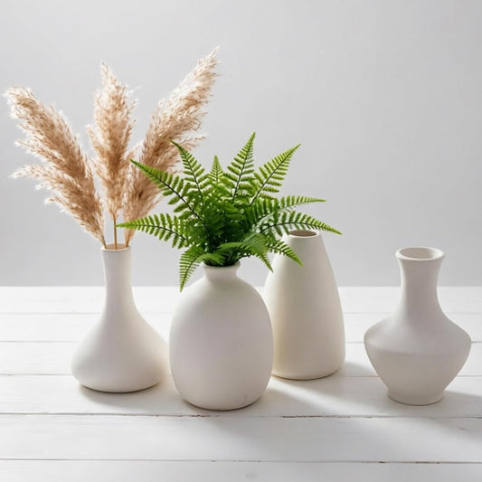 White Ceramic Vase Set of 4, Small Decorative Vases for Pampas Decor | Modern ceramic vase set for pampas grass, dried flowers and stylish farmhouse, boho or minimalist home decor.