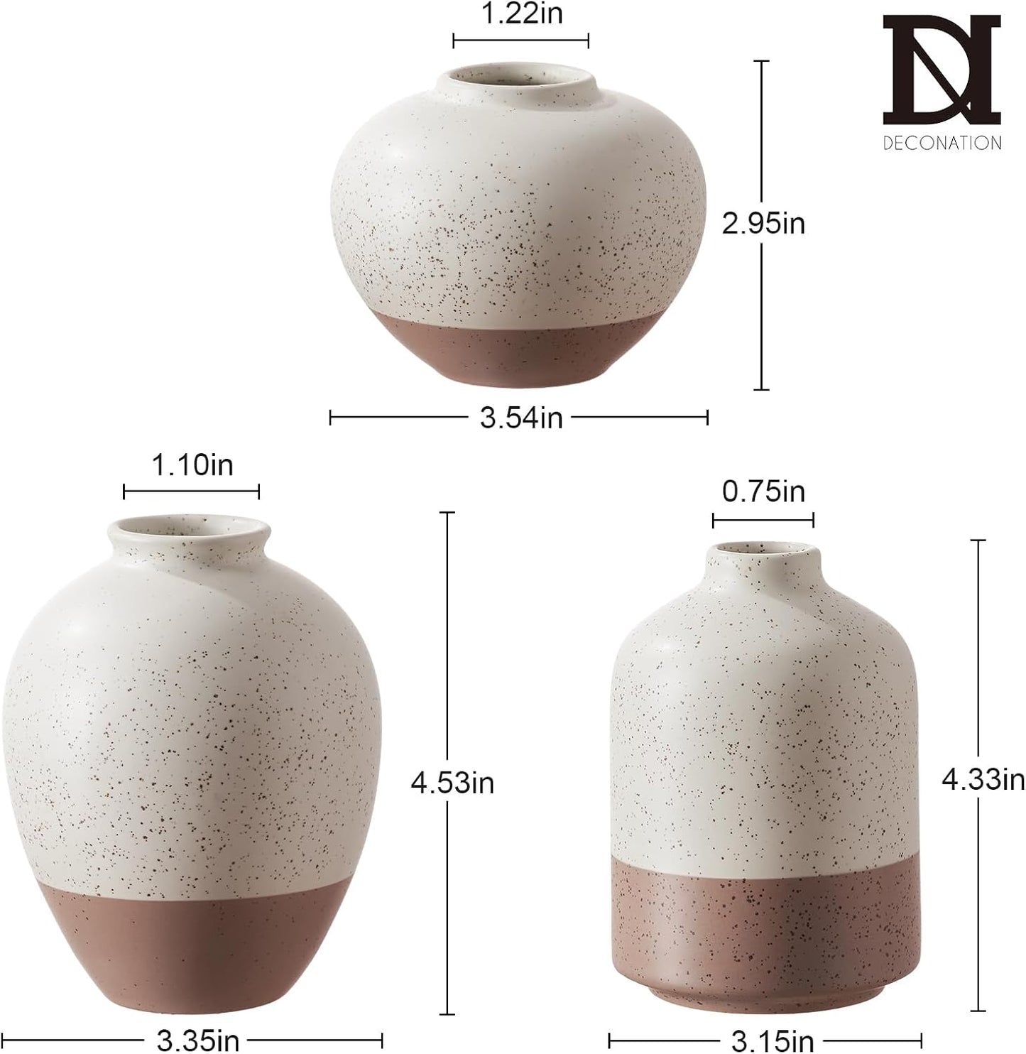 DN DECONATION Flower Vase Set of 3, Small Ceramic Vase Farmhouse Home Decor | Rustic Vases for Pampas Grass Dried Fresh Flowers, Living Room, Kitchen, Bedroom, Bathroom, Mantel Table Decor, Beige & Brown