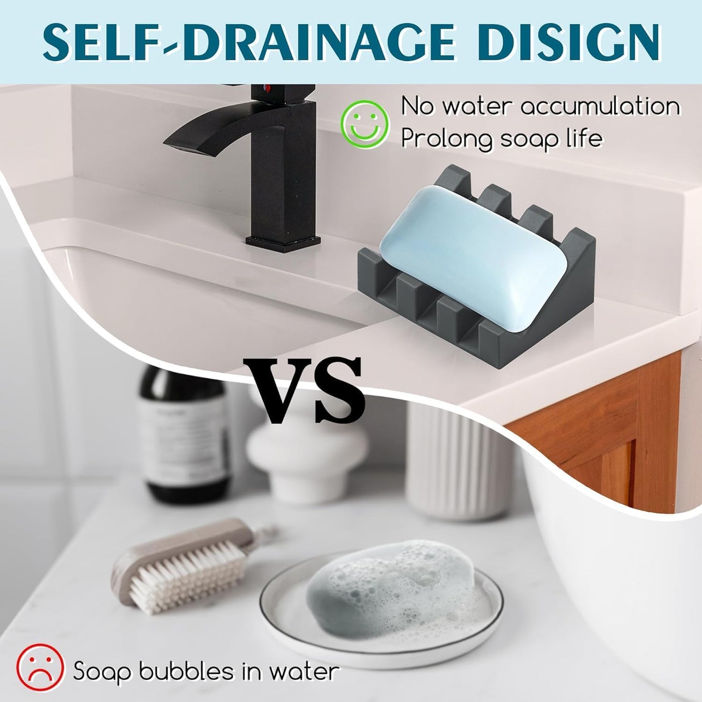 Self Draining Silicone Soap Dish with Suction Cups - Non-Slip Bar Soap Holder for Shower & Kitchen, Waterfall Tray Keeps Soap Dry, Easy Clean, Extends Soap Life (White, 1)