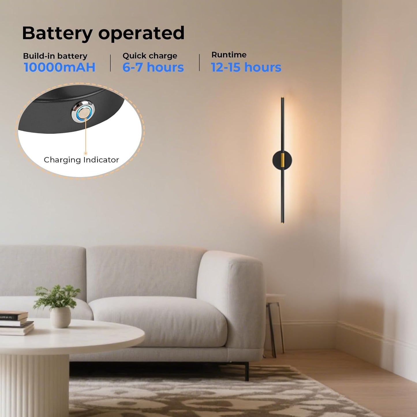 GvvooHome Battery Operated Wall Sconces Set of 2, Detachable 360°Rotate Wall Lamps, 3000-6500K Dimmable with Remote Control, 10000mAh Rechargeable Wall Light for Bedroom, Living Room, 28.3" Black Gold
