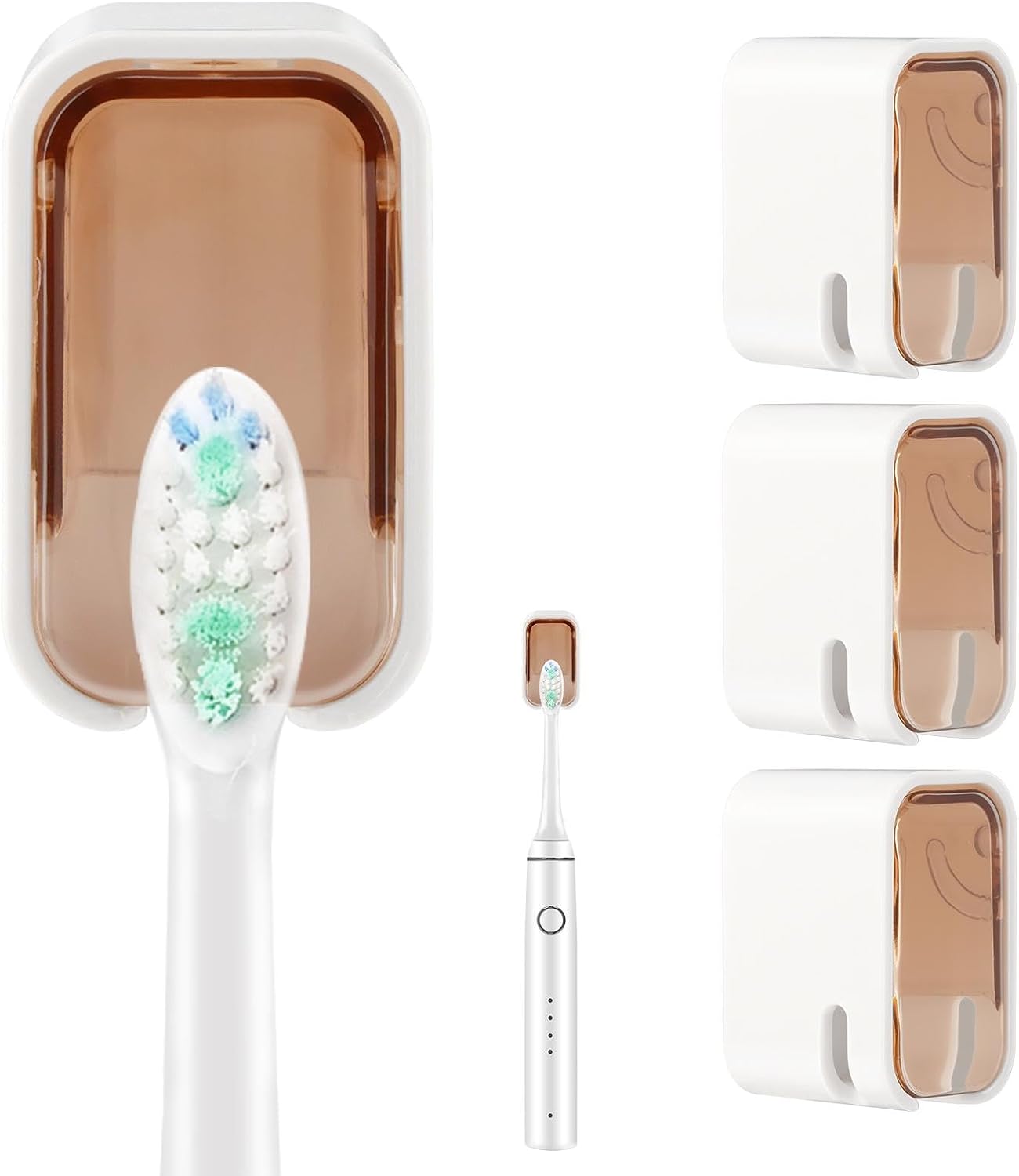 3PCS Toothbrush Holder Wall Mounted with Cover,Single Slot Electric Tooth Brushing Holder,Self Adhesive Hanging Toothbrush Organizer for Bathroom,Family,Travel(4.4 * 3 * 2.6cm,Color:Brown)