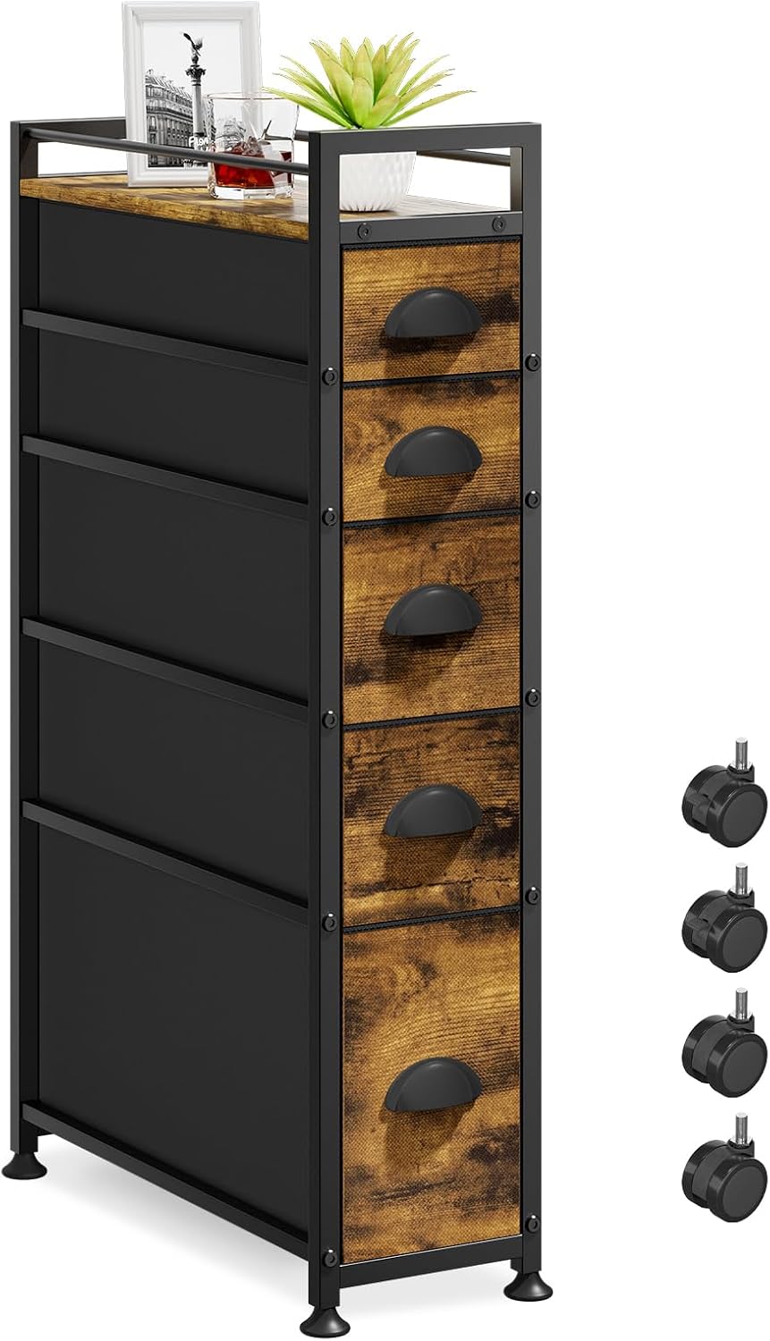 LASZOLA 5 Drawer Narrow Dresser Slim Cabinet Skinny Storage Tower Chest, Ideal for Small Spaces Bathroom, Between Washer and Dryer, Lightweight Mobile on Wheels, Sturdy Fabric Drawers, Black