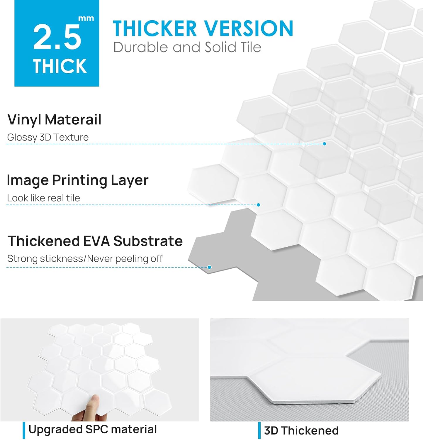 10-Sheet Hexagon Peel and Stick Backsplash for Kitchen, New Upgrade Premium Extra Thicker Design 3D Self Adhesive Wall Tiles, Large Stick on Tiles for Kitchen and Bathroom (12" x 12")