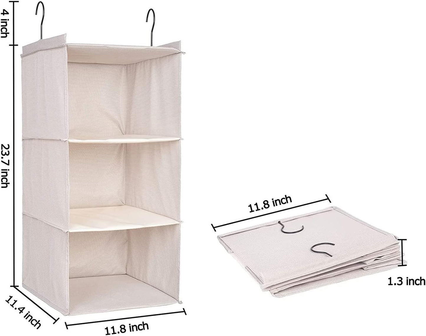 Hanging Closet Organizer 3-Shelf, Oxford Fabric Wardrobe Storage, Gray | Easy-mount foldable design holds clothes, handbags, shoes & accessories; washable Oxford fabric, sturdy and space-saving.