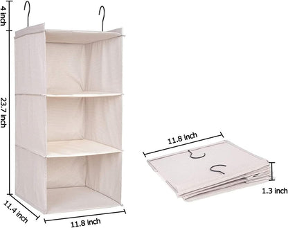 Hanging Closet Organizer 3-Shelf, Oxford Fabric Wardrobe Storage, Gray | Easy-mount foldable design holds clothes, handbags, shoes & accessories; washable Oxford fabric, sturdy and space-saving.