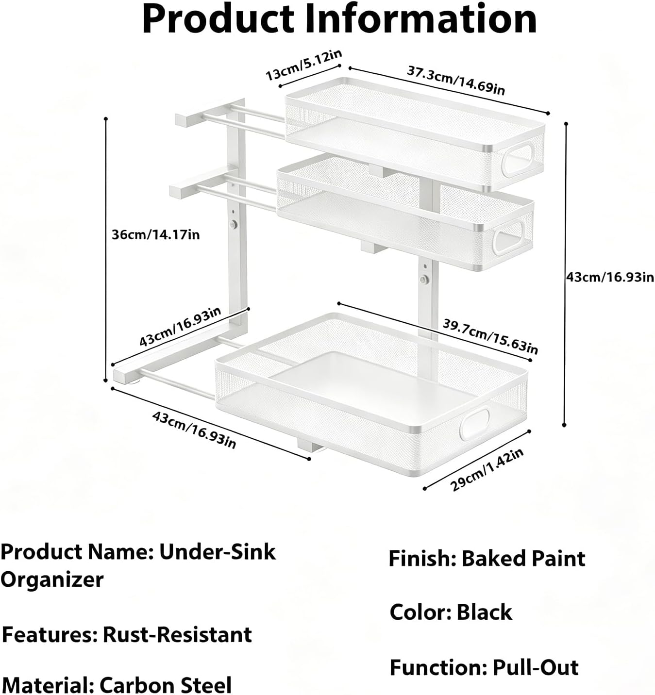 2 Pack Under Sink Organizer, 3-Tier Pull Out Kitchen Cabinet Organizer with 5 Adjustable Heights Metal Slide Out Bathroom Storage Makeup Drawer Rack for Bedroom Office Pantry Home Organization, White