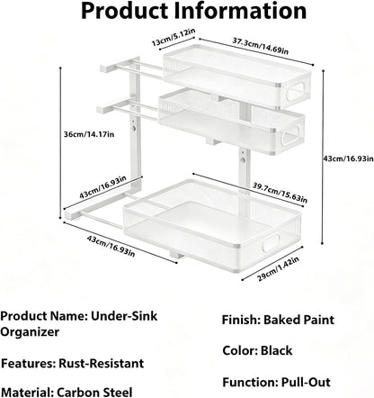 2 Pack Under Sink Organizer, 3-Tier Pull Out Kitchen Cabinet Organizer with 5 Adjustable Heights Metal Slide Out Bathroom Storage Makeup Drawer Rack for Bedroom Office Pantry Home Organization, White