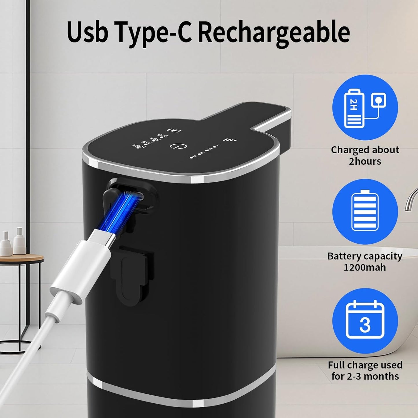Automatic Foaming Soap Dispenser, Touchless Hand Soap Dispenser, USB Rechargeable, 4 Adjustable Levels, 14.2 oz (420 ml) Large Capacity, for Bathroom, Kitchen & School (Black, Foaming)