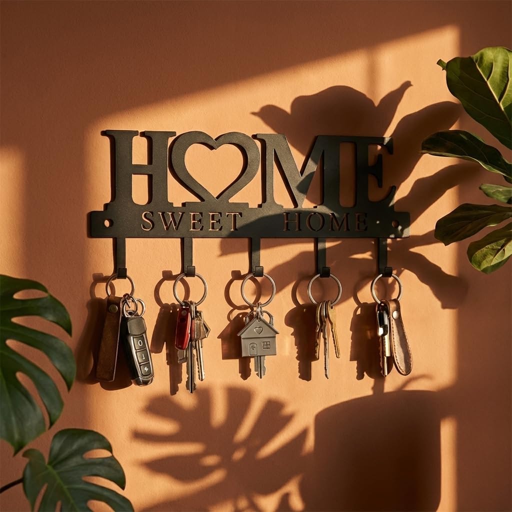 Key Holder Hooks Organizer Hanger Rack Wall Mounted Sweet Home Metal Decor Stylish and Practical for Entryway Front Door Kitchen Hallway Garage Mudroom Office Hardware Included Black
