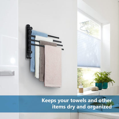 Towel Rack Wall Mounted JSVER Bathroom Towel Rack, Space Saving Towel Holder, 13.4 Inches Swivel SUS304 Stainless Steel Towel Bar, 180° Rotation 6 Arms Towel Racks for Bathroom