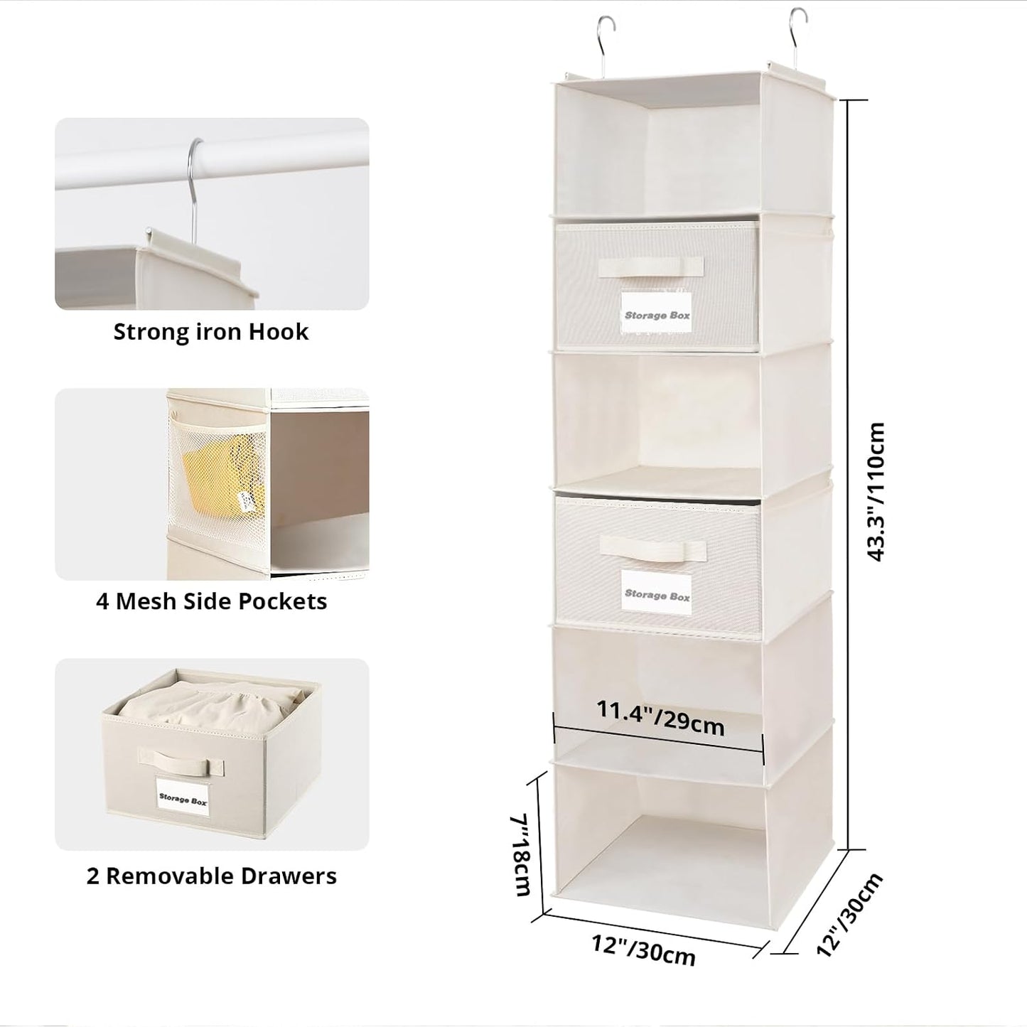 BrilliantJo 2 Pack Hanging Closet Organizer, 5 Shelves Hanging Storage with 6 Side Pockets for Clothes Shoes, 43"x12"x12"(Black)