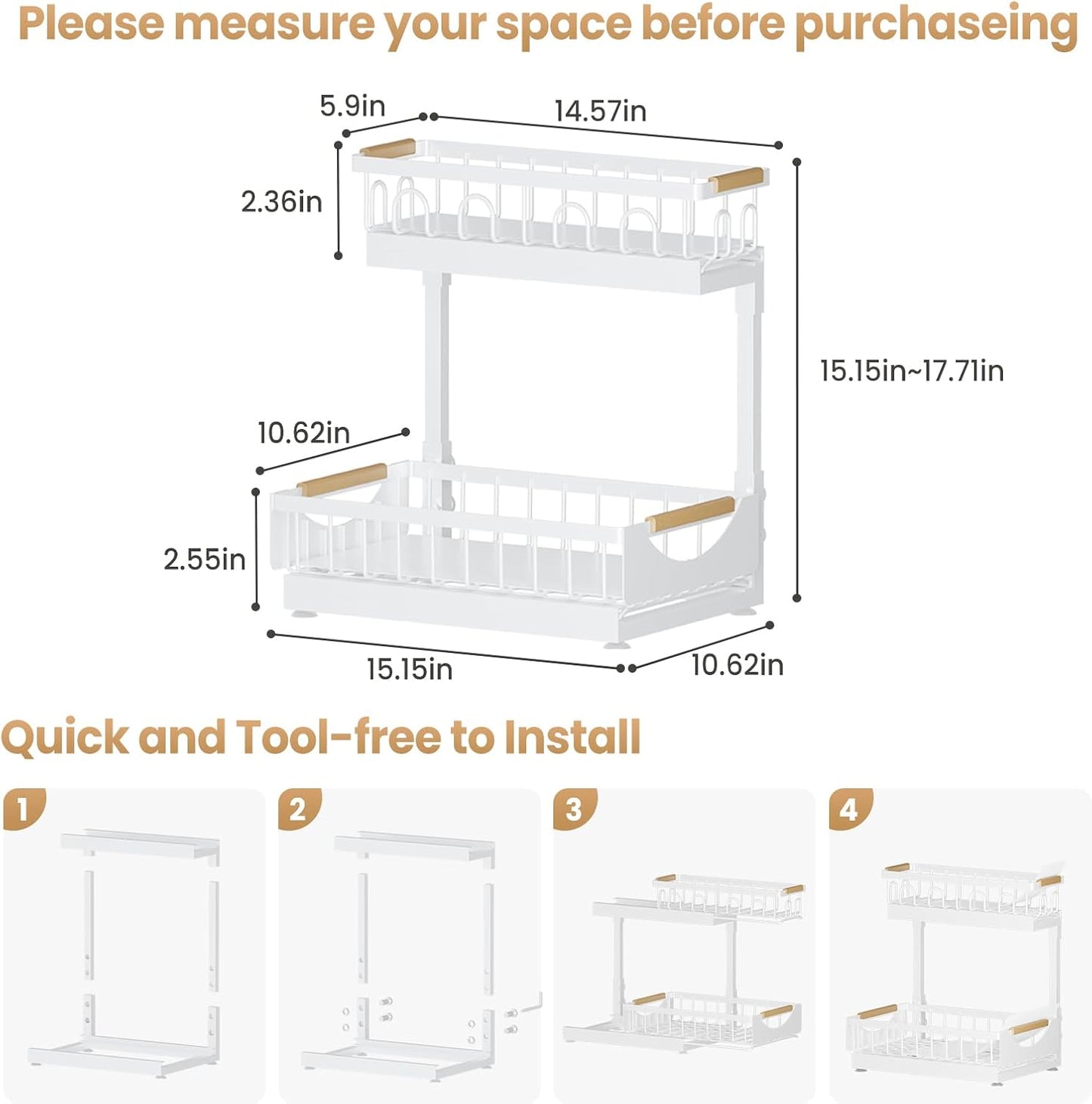 Under Sink Organizer and Storage for Bathroom and Kitchen - 2 Pack 3 Tier Under Cabinet Pull Out Shelf Organizers - Slide Out Drawer Organization for Home Cabinets Shelves and Drawers