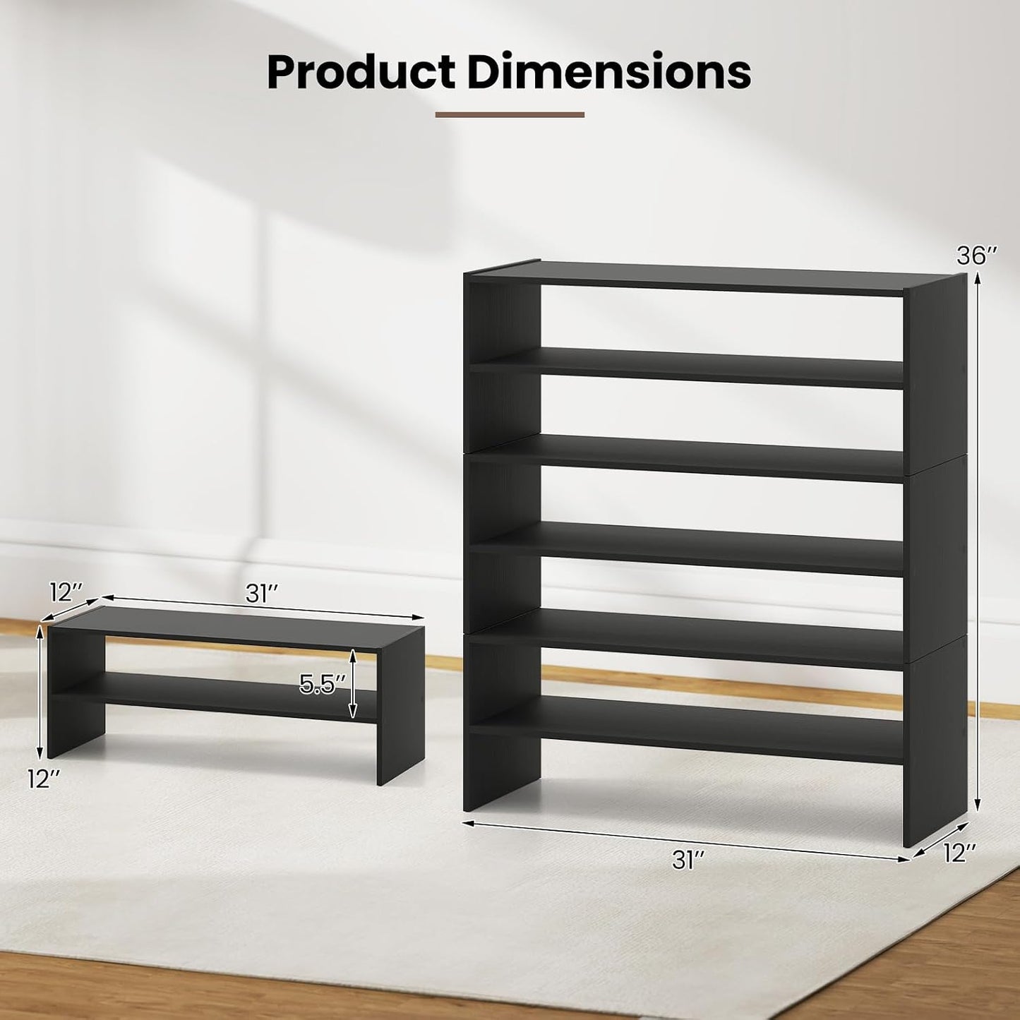 Giantex 3-in-1 Vertical Shoe Rack, 6-Tier Free Standing Shoe Storage Organizer w/Stackable Design for 18 Pairs, 31 Inch Wide Wood Shoe Shelf for Closet, Entryway, Living Room, Office, Brown