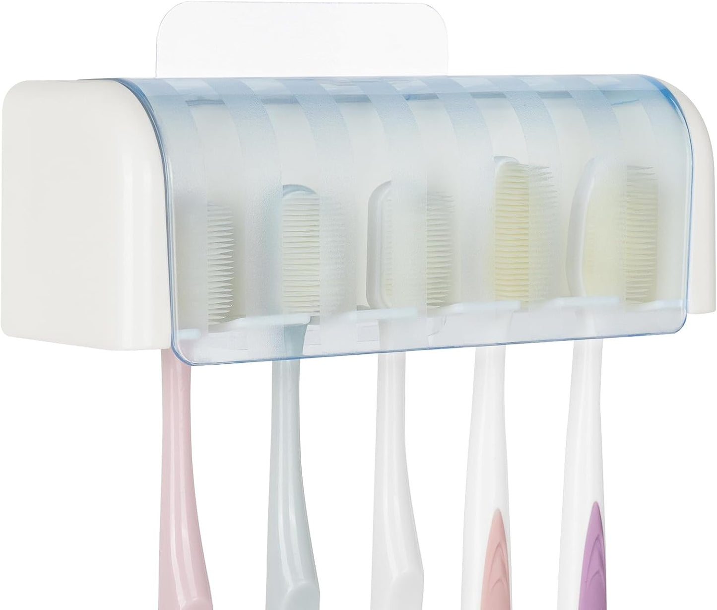 5 Slots Wall Mount Toothbrush Holder with Cover, Self Adhesive Toothbrush Storage Organizer for Shower, Toothbrush Hanger with Automatic Toothpaste Squeezer Dispenser