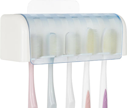 5 Slots Wall Mount Toothbrush Holder with Cover, Self Adhesive Toothbrush Storage Organizer for Shower, Toothbrush Hanger with Automatic Toothpaste Squeezer Dispenser