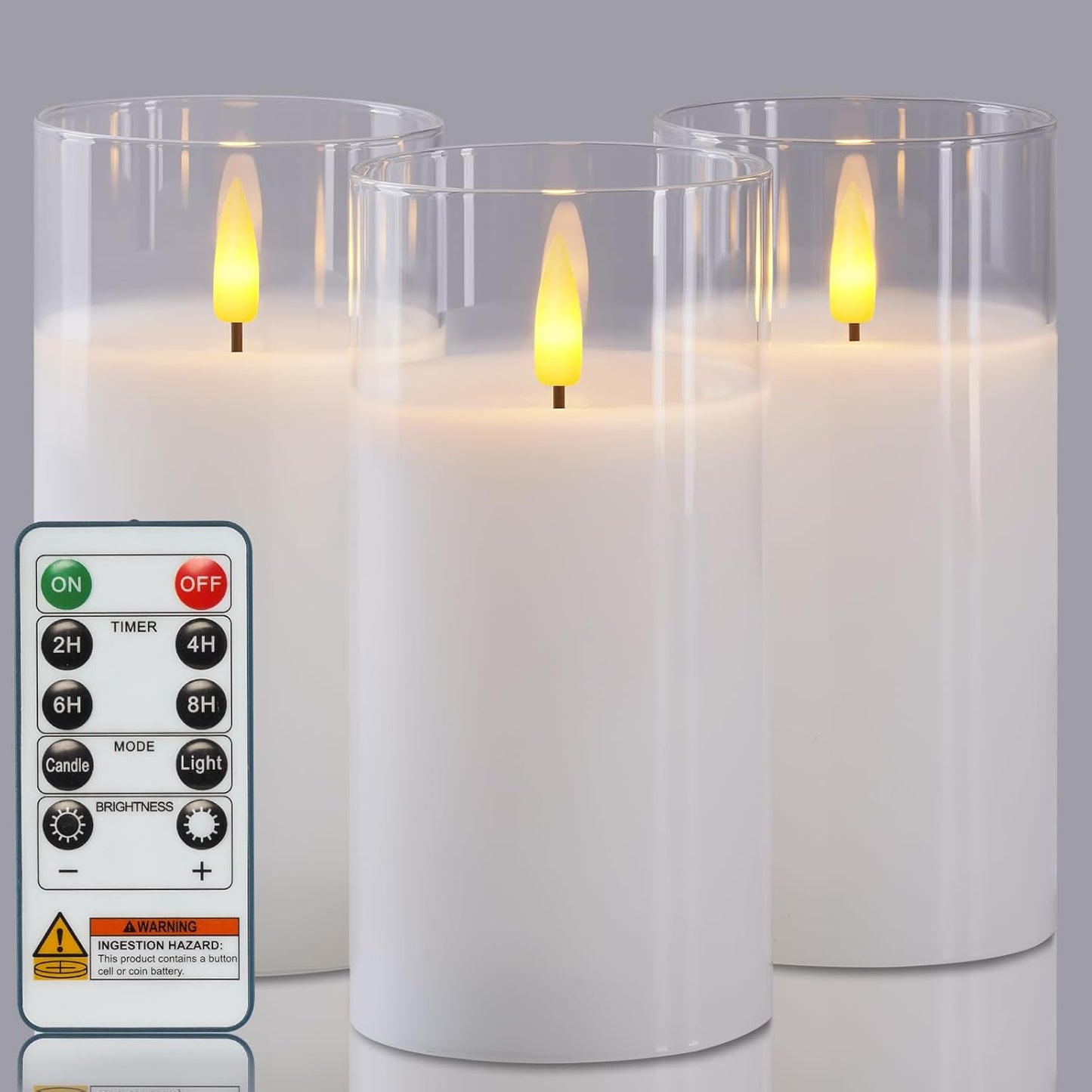 5plots Glass Battery Operated White Flameless Candles with Remote Timer, 3D Wick Real Wax Pillar Led Candles Warm Flickering Light for Indoor Home, Halloween, Christmas Decor, Set of 3, D3 x H4 5" 6"