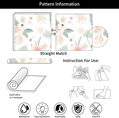 MuralPeel White/Pink/Gold Floral Garden Black Blue Flowers Vintage Peel and Stick Wallpaper Self Adhesive Removable Easy Peel Off Contact Paper Stick on Wall Paper for Bedroom Cabinet Renter Friendly
