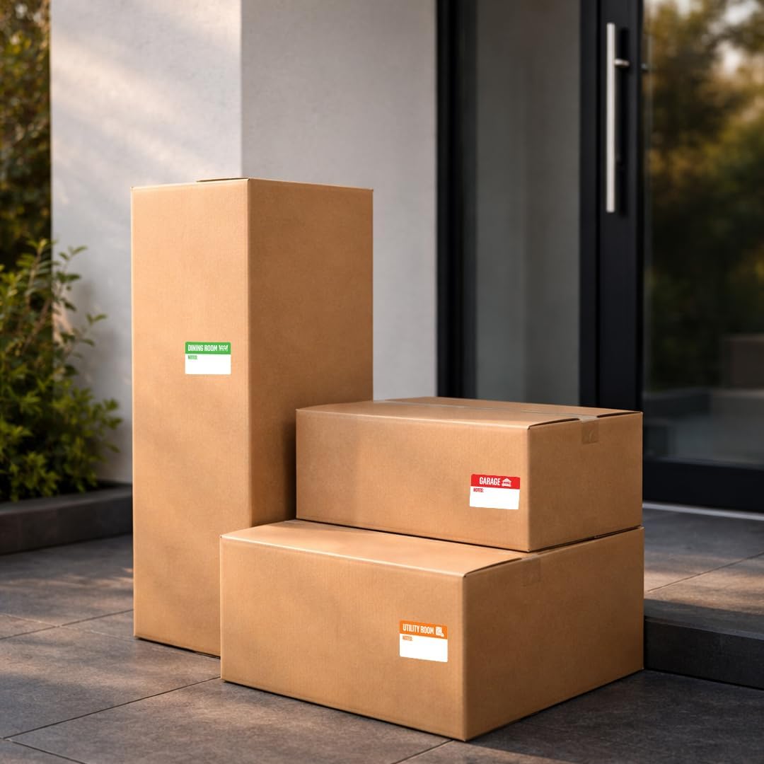 IGNIXIA Color Coded Moving Box Labels, 3x2 Inch, 20 Designs for Rooms, Writable Notes Area, Fragile, Heavy, and Blank Stickers Included