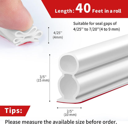 40 Feet Rubber Weather Stripping Door Seal Large Gap, Extra Thick Self-Adhesive D-Shaped Door Weather Stripping Seal Strip for Door Frame Door Insulation Strip Soundproofing (White)