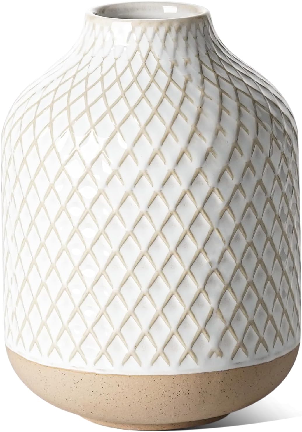 Small Boho Vase for Decor,Rustic Farmhouse Vase for Pampas Grass,Eucalyptus Set and Tiny Stem Flowers,Ceramic for Centerpieces, 5.3 Inch,Wave-Arctic White