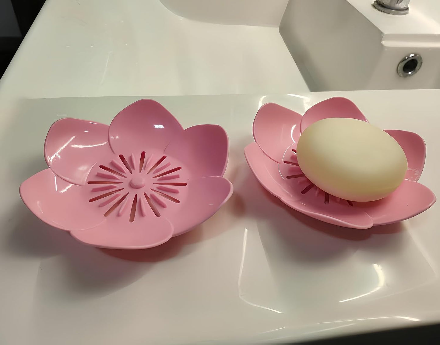 Soap Dish Holder for Shower Bar Double Layer Cute Lotus Shape Adhesive Tray Sink Wall Mounted Shampoo NO-Drilling Self Draining Hanging Saver Rack Plastic Bathroom Bathtub Kitchen，Pink