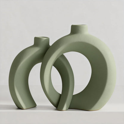 7.2″Hx8.9″H Donut Shape Decorative Vase Set of 2, Ceramic, Modern Minimalism Styles, Flowers or Plant Table Vases for Home Decor Living Room Shelf Entry Console Mantle Dining Centerpiece (Matte White)