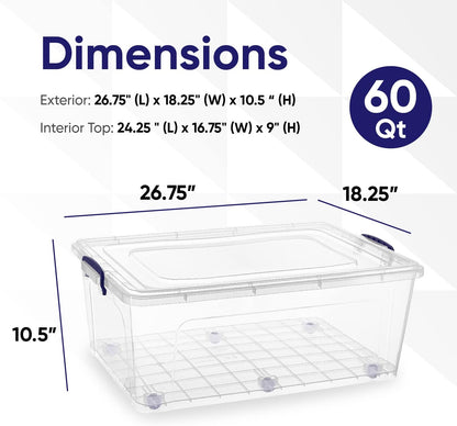Superio Under Bed Storage Containers with Wheels (2 Pack), Flat Clear Storage Bin Stackable Large Storage Latch Box with Lids Store Cloths, Bedding, Linen, For Under The Bed, Garage, Home