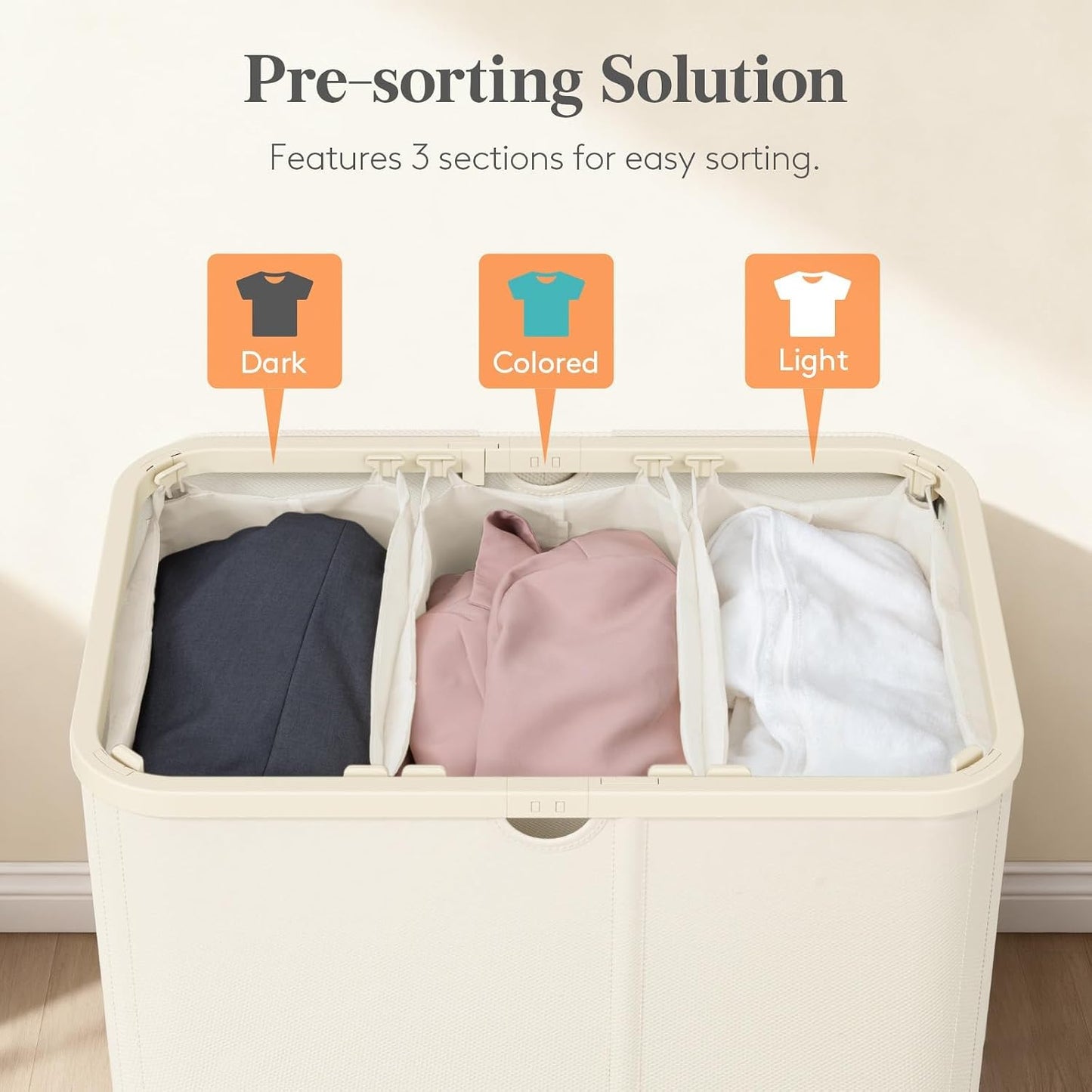Lifewit 185L 3 Section Laundry Hamper with Lid, Large Laundry Basket with Handles and Removable Bags, Tall Clothes Hamper, Foldable Laundry Sorter for Bedroom Bathroom, Beige