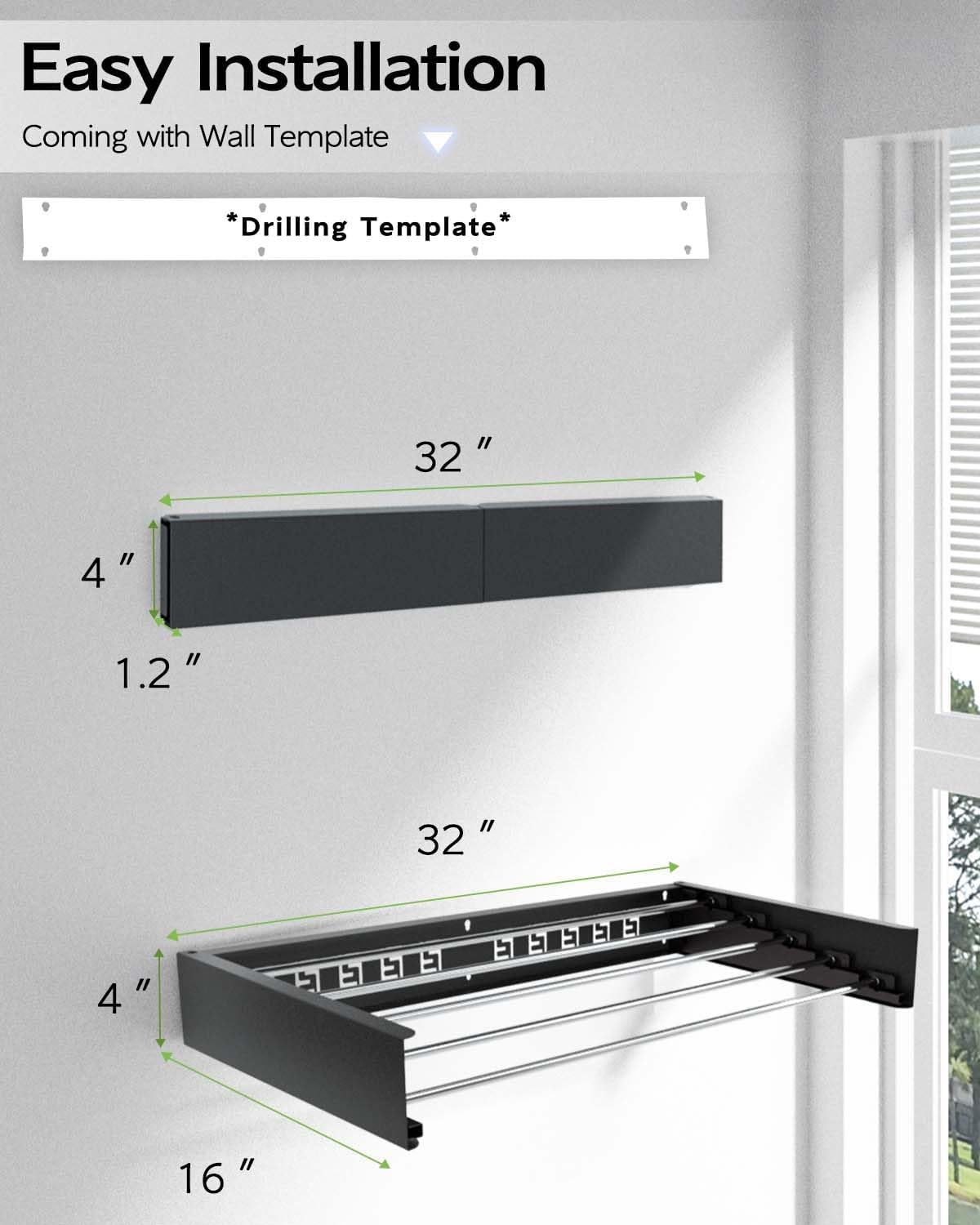 Vikaqi Wall Mounted Clothes Drying Rack 32", Foldable Wall Mount Laundry Rack Folding Indoor, Drying Rack Clothing Collapsible, Hidden Space Saver with Wall Template, 5 Rods, White