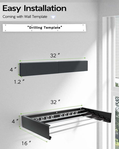 Vikaqi Wall Mounted Clothes Drying Rack 32", Foldable Wall Mount Laundry Rack Folding Indoor, Drying Rack Clothing Collapsible, Hidden Space Saver with Wall Template, 5 Rods, White