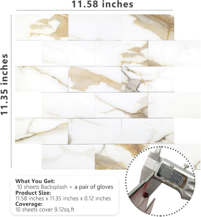 STICKGOO 10-Sheet Subway Tile Peel and Stick Backsplash, Seamless Design Polished Eurasia Beige Kitchen Backsplash Wall Tiles, Glossy Surface Waterproof Stick on Tile for Bathroom, RV, Fireplace