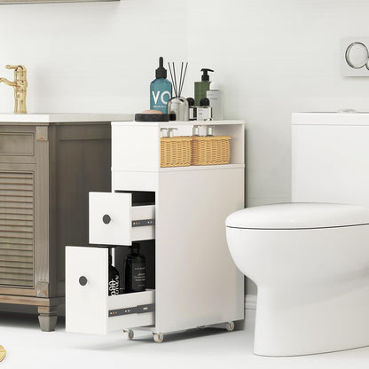 Tangkula Slim Bathroom Storage Cabinet, Movable Narrow Toilet Side Cabinet w/2 Slide Out Drawers, 2 Rattan Baskets & Shelves, Toilet Paper Holder on Wheels for Small Spaces