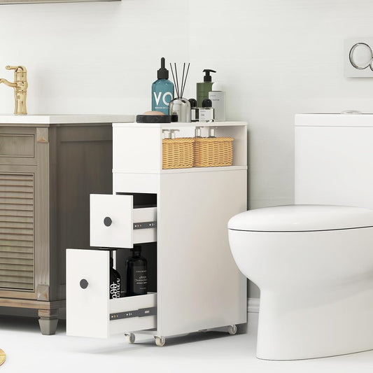 Tangkula Slim Bathroom Storage Cabinet, Movable Narrow Toilet Side Cabinet w/2 Slide Out Drawers, 2 Rattan Baskets & Shelves, Toilet Paper Holder on Wheels for Small Spaces