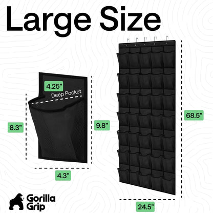 GORILLA GRIP Over the Door Shoe Organizer, 24 Large Breathable Mesh Pockets, Space Saving Hanging Storage Holder, Closet Rack Hanger Holds Up to 40 lbs, Hangs on Closets for Shoes, Accessories, Grey