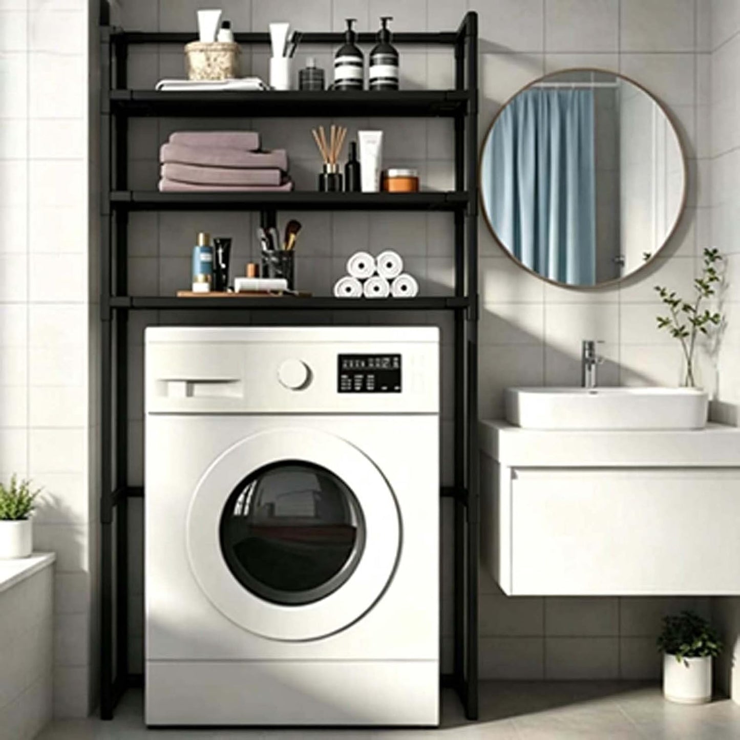 Laundry Room Organizer 3-Tier Freestanding Over Washing Machine Shelf | Black