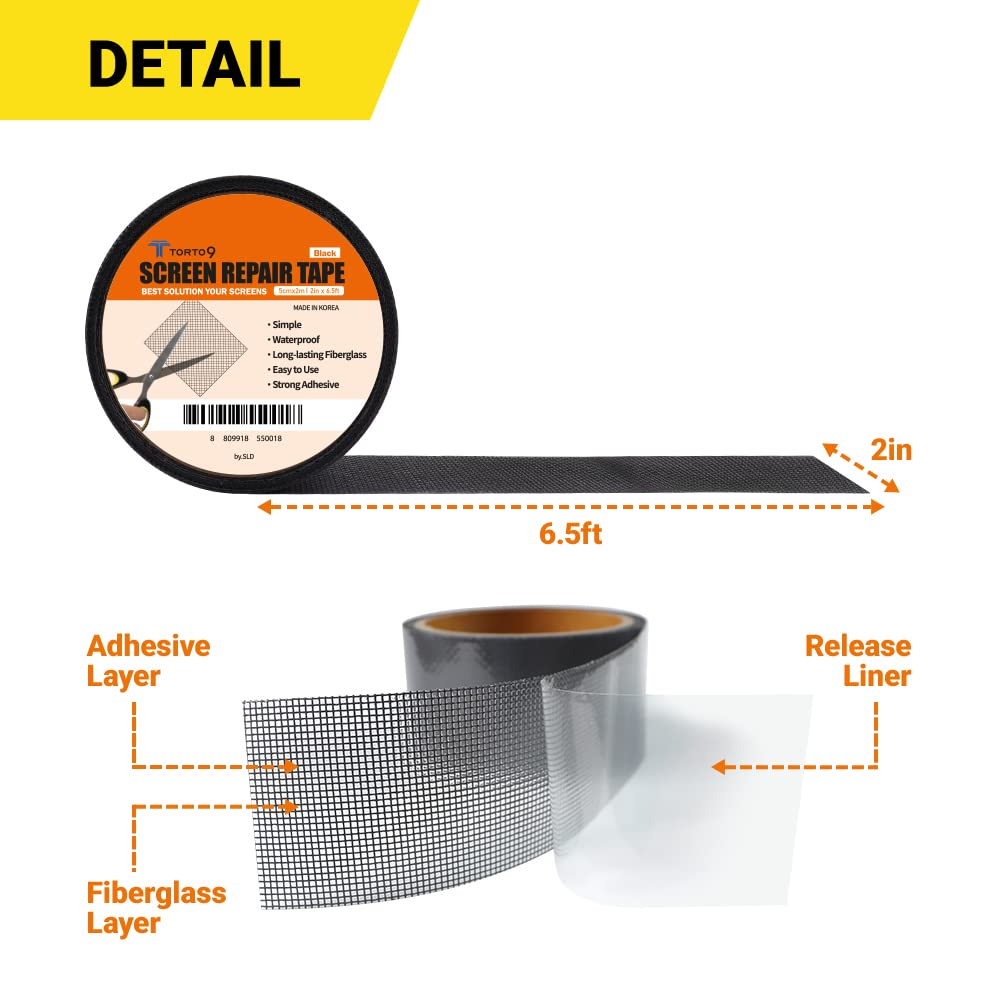 TORTO9 Window Screen Repair Kit, 3-Layer Strong Adhesive & Waterproof Tape Fiberglass Covering mesh (Black, 2 Inch x 6.5 FT)