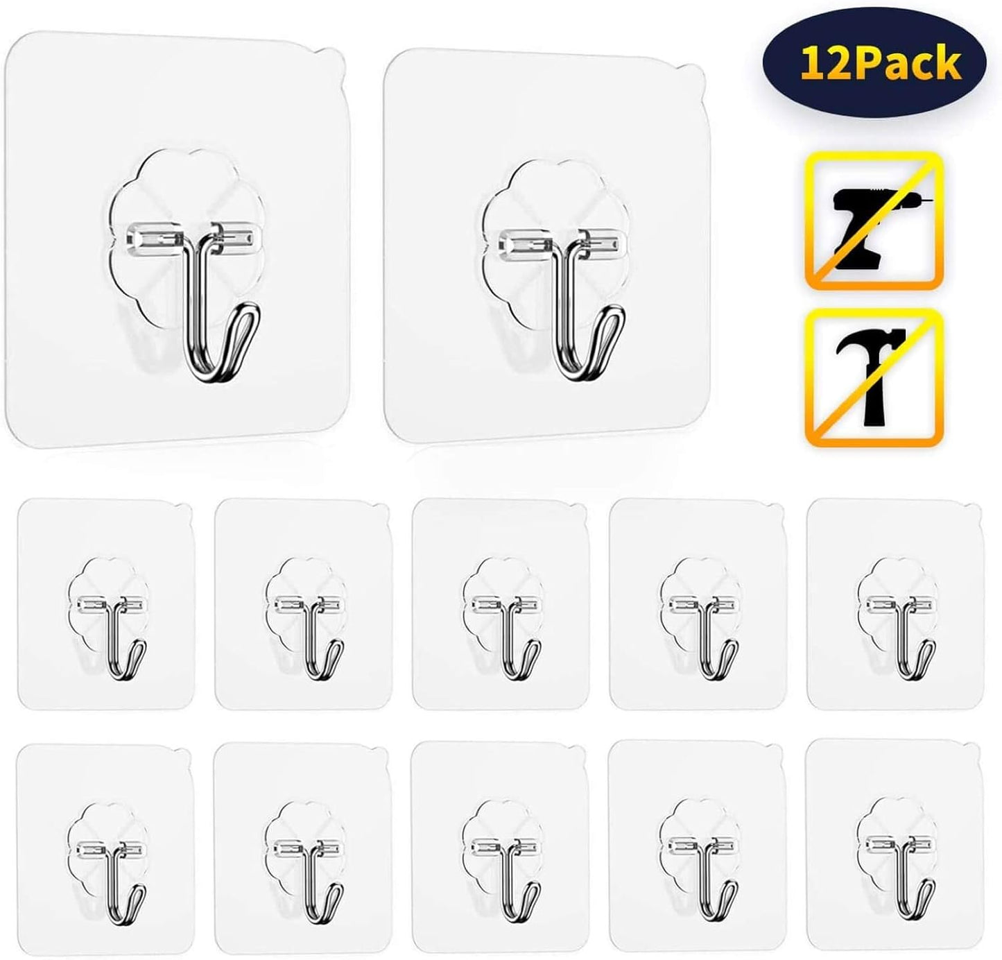 Adhesive Hooks Wall Hooks 44 lb/ 20 kg(Max), Heavy Duty Coat Hooks Waterproof and Oilproof Seamless Hooks, Reusable Hooks for Hanging Bathroom Kitchen