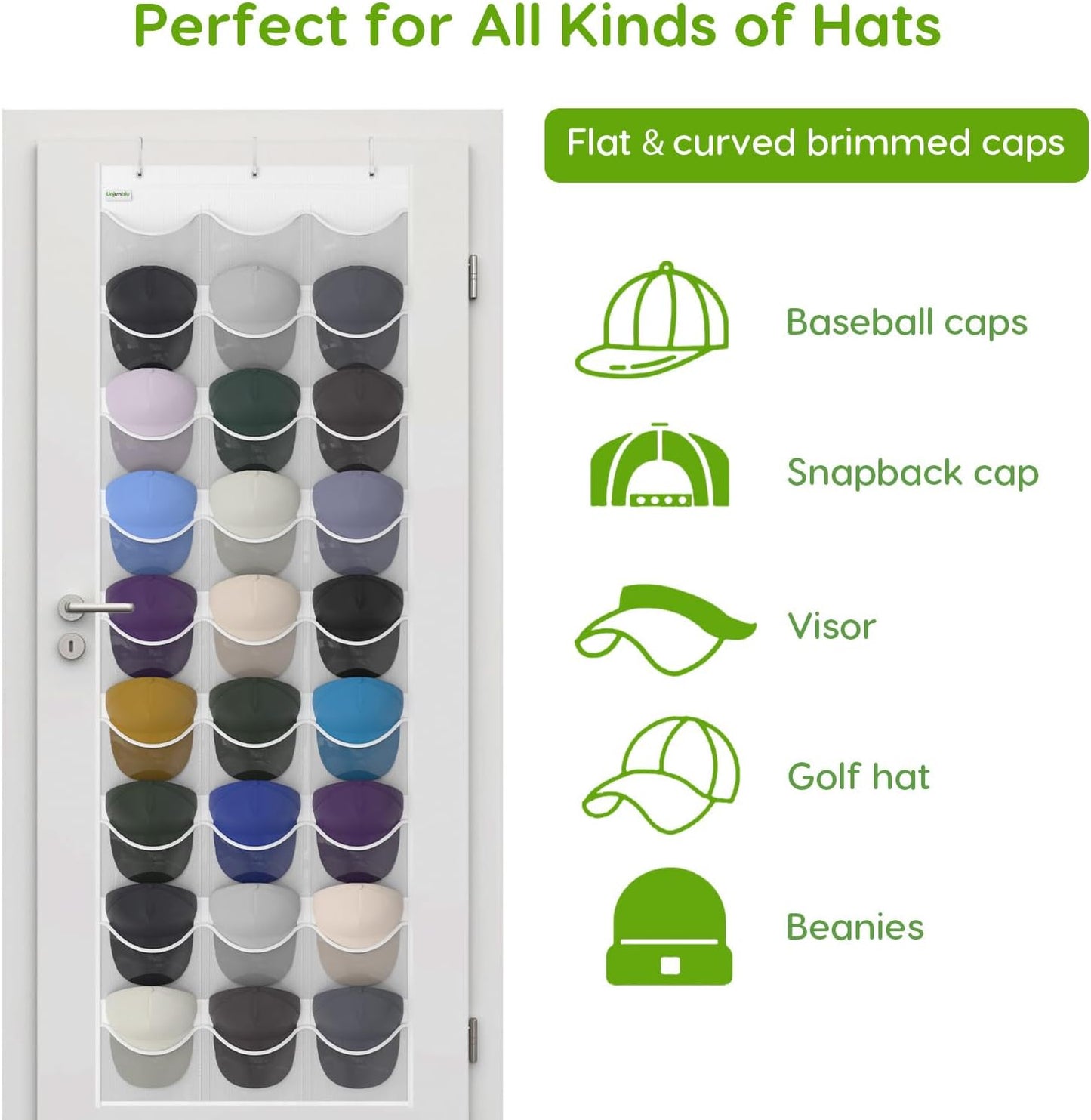 Baseball Hat Rack, 24 Pocket Over-The-Door Hat Organizer with Clear Deep Pockets to Display Baseball Caps Collection, Complete with 3 Over Door Hooks (Black, 24 Pockets)